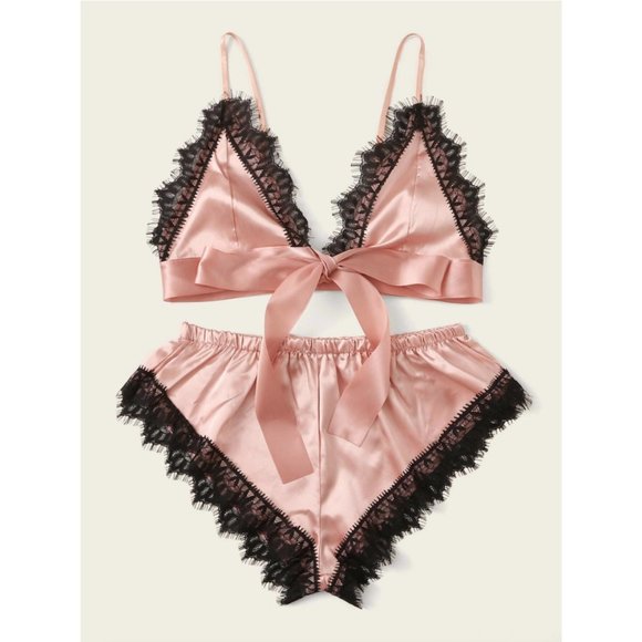 Eyelash Floral Lace Satin Lingerie Set - Picture 1 of 8